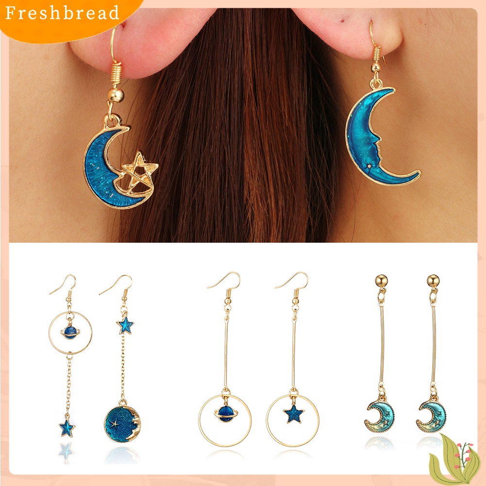 &lt; Freshbread &gt; Biru Matahari Bulan Bintang Rumbai Menjuntai Kait Telinga Wanita Fashion Anting Perhiasan Hadiah