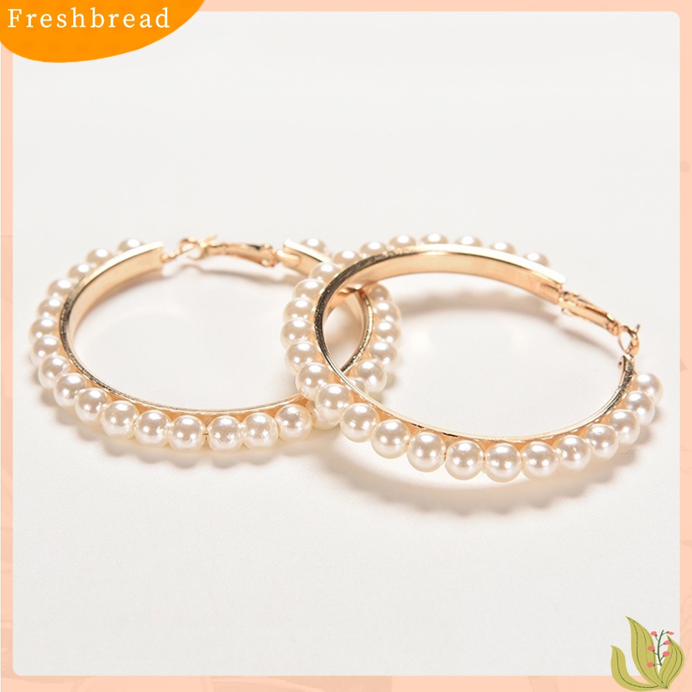 &lt; Freshbread &gt; Fashion Wanita Mutiara Imitasi Hias Lingkaran Besar Pernyataan Hoop Earrings Jewelry