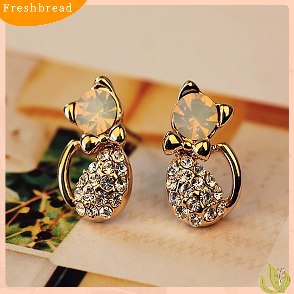 &lt; Freshbread &gt; 1pasang Wanita Lucu Bentuk Kucing Berlian Imitasi Stud Earrings Ear Studs Jewelry Charm Untuk Pesta Club