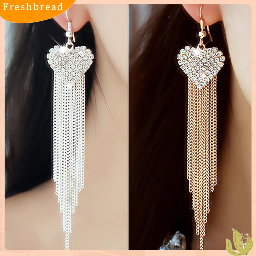 &lt; Freshbread &gt; Anting Linear Love Bentuk Hati Hias Berlian Imitasi Wanita Jumbai Panjang Menjuntai Kait Earrings Perhiasan Untuk Pesta