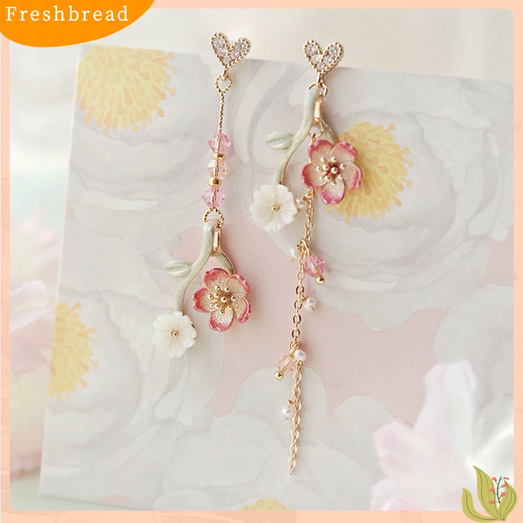 &lt; Freshbread &gt; 1pasang Drop Earrings Cherry Rhinestones Perhiasan Rumbai Panjang Bunga Menjuntai Anting Hadiah Ulang Tahun