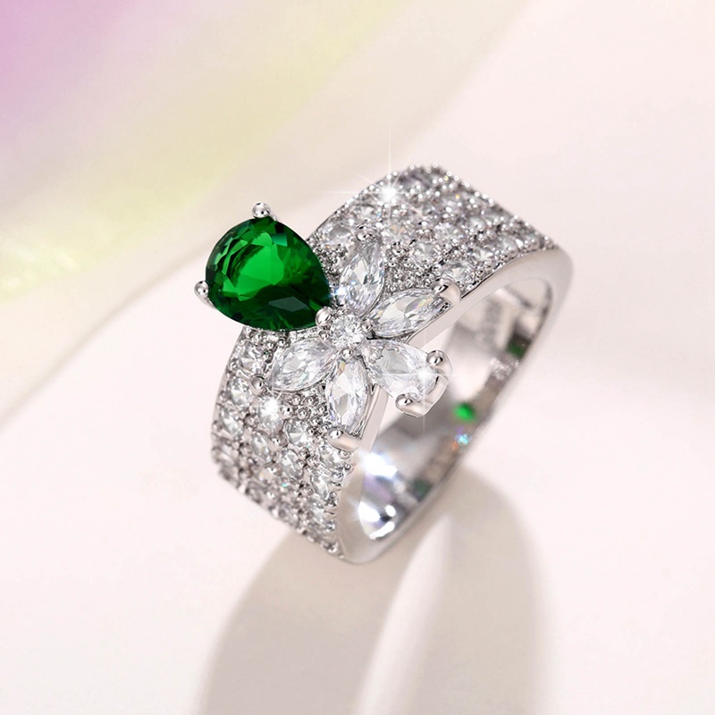 Vintage Green Cubic Zirconia Ring Temperamen Cincin Jari Bunga Manis Untuk Wanitapestahadiah Anniversary