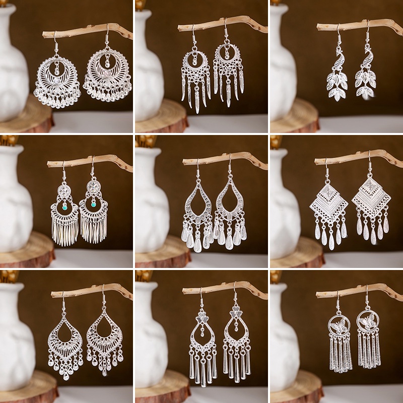 Geometris Bulat Tetesan Air Daun Menjuntai Anting-Anting Vintage Etnik Warna Perak Perhiasan Wanita Gadis Pesta Hadiah