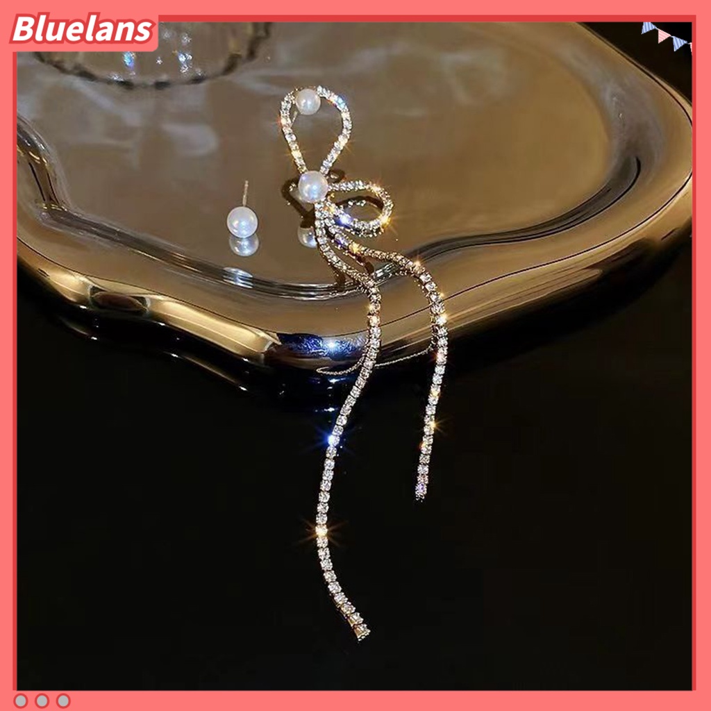 {In Stock} 1pasang Anting Rumbai Asimetri Busur Mutiara Imitasi Berlian Imitasi Bersinar Dekorasi Tahan Luntur Panjang Rumbai Menjuntai Anting Gantung Aksesoris Perhiasan