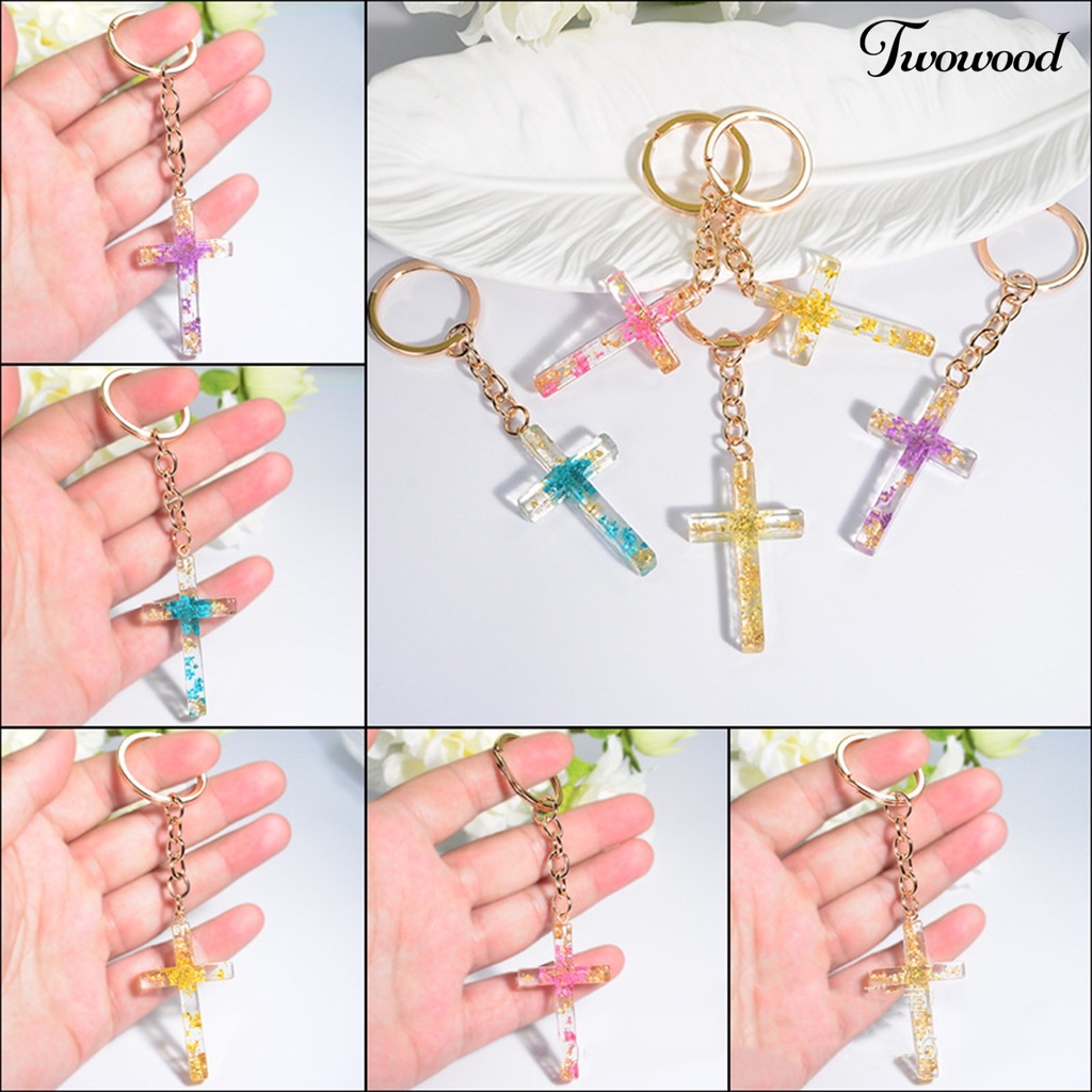 Twowood Gantungan Kunci Handmade Bunga Kering Isi Resin Liontin Serbaguna Berkilau Souvenir Hadiah Cross Key Ring Tas Ornamen Wanita Pria Perhiasan Aksesori Fashion