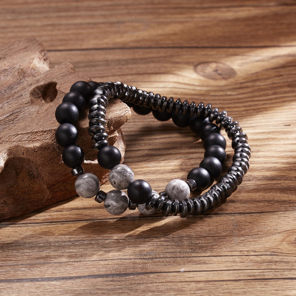 2pcs/set Retro Hitam Frosted Stone Beads Bracelet Untuk Pria Fashion Manik Gelang Perhiasan Sehari-Hari Memakai