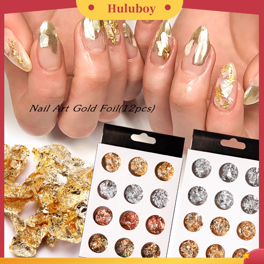 {In Stock} 12Pcs/Set Foil Kuku Ultra Tipis Mudah Ditempelkan Foil Kuku Emas Ringan Sequin Flakes Untuk Manicure