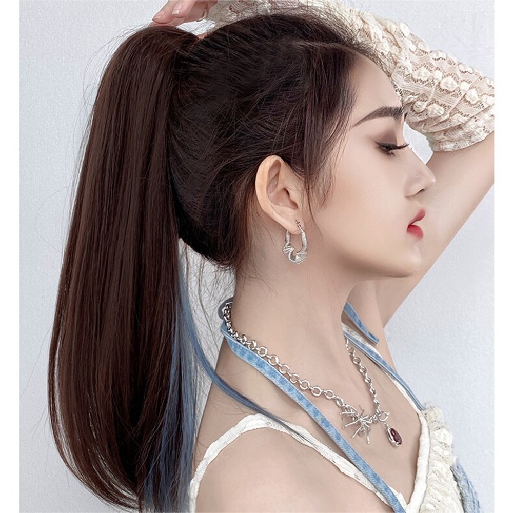 1pcs Wig Ekstensi Rambut Ponytail Panjang Lurus Tinggi Highlight Untuk Wanita Warna Biru Kabut Dengan Ponytail Claw Clip 50cm