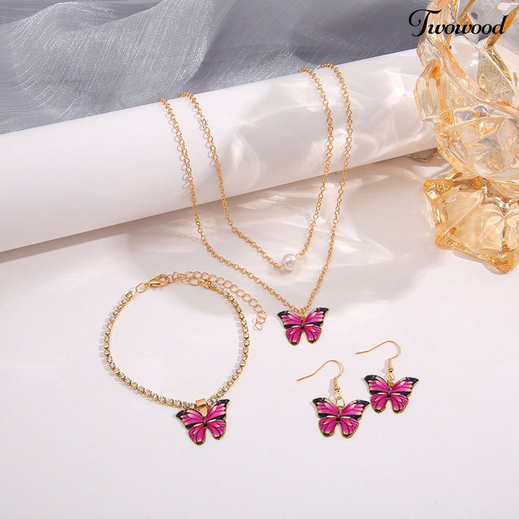 Twowood 3Pcs/Set Perhiasan Pesta Mutiara Imitasi Merah Muda Tua Kupu-Kupu Electroplating Jewelry Set Kalung Anting Gelang Wanita Aksesori