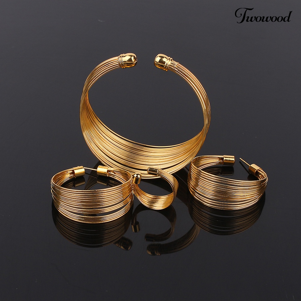 Twowood 4Pcs/Set Exotic Nigeria Bridal Lingkaran Kalung Anting Gelang Cincin Perhiasan