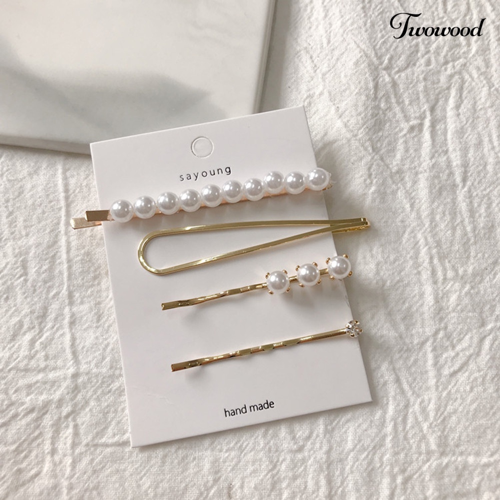 Twowood 4Pcs/Set Gadis Ikatan Simpul Hati Mutiara Imitasi Jepit Rambut Hair Clip Barrette Headwear Hadiah