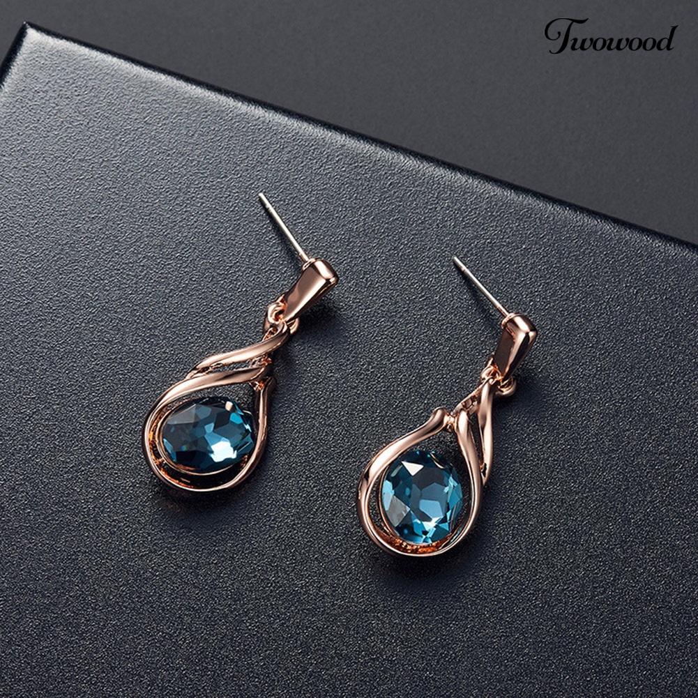 Twowood Wanita Berlian Imitasi Oval Faux Quartz Pendant Ear Stud Earrings Kalung Set Perhiasan