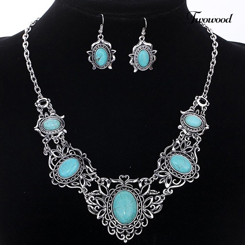 Twowood Women's Berongga Tibet Oval Turquoise Bib Kerah Kalung Anting Set Perhiasan