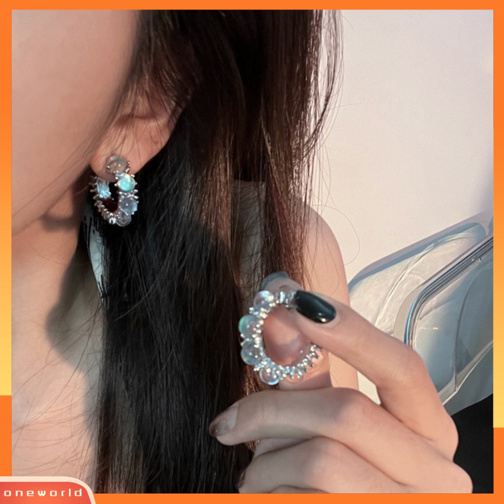 [OWR] 1pasang Ear Studs Bentuk Batu Permata Elegan Mengkilap Serbaguna Dress Up Alloy Manis Keren Gadis Moonstone Anting Perhiasan Fashion