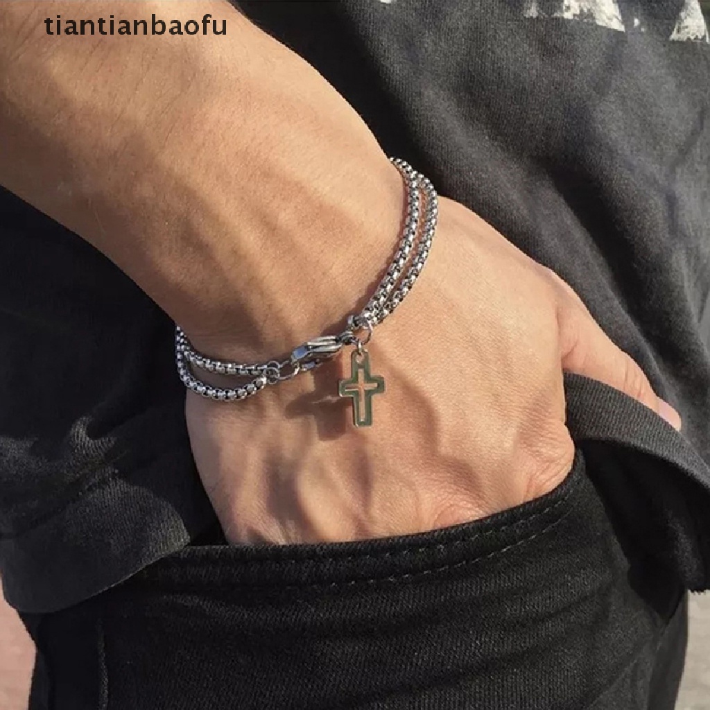 [tiantianbaofu] Rantai Ganda Salib Berongga Stainless Steel Pergelangan Tangan Gelang Lobster Cakar Gesper Gelang Fashion Hip Hop Punk Pesta Pria Perhiasan Butik