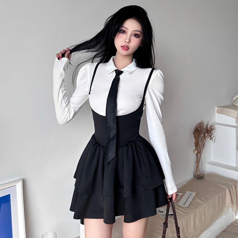 Red Rapcopter American-style lipit suspender dress + button tie shirt female waist slim desire cake skirt