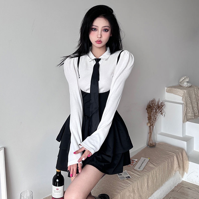 Red Rapcopter American-style lipit suspender dress + button tie shirt female waist slim desire cake skirt