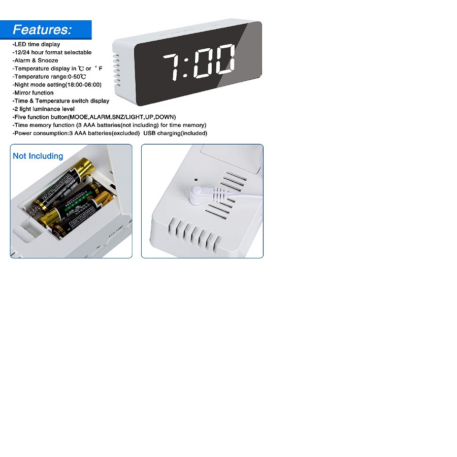 209 LED Mirror Alarm Clock Digital Snooze With Temperature Display