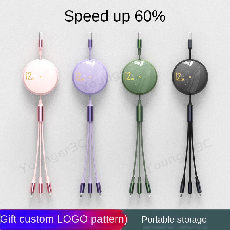 120w Kabel Pengisian Super Cepat 3in1 Charger Telepon Yang Dapat Ditarik 1M Extendable Charging Cord Untuk ios Tipe C Android