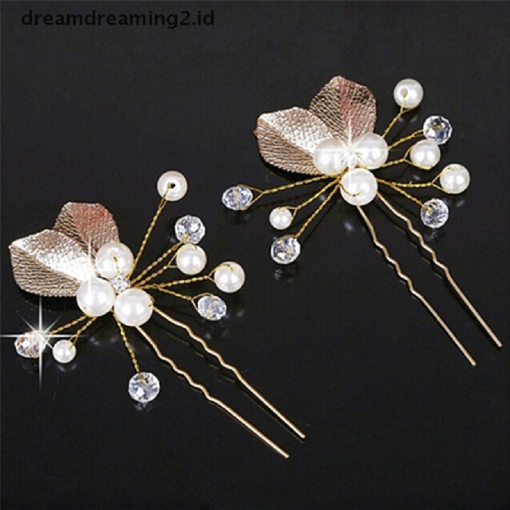 (hot) 4 Pcs Wanita Bridal bridesmaid Mutiara Emas Daun Headpiece Rambut Pin Jepit Rambut Pernikahan//