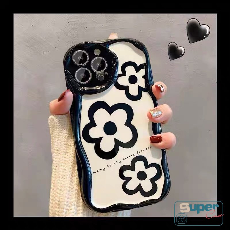 Simple Retro Antik Putih Tiga Bunga Glossy Case Kompatibel Untuk IPhone 6s 8 6 7 Plus XR 11 13 14 12 Pro Max X XS Max SE 2020 3D Wavy Curved Edge Shockproof Airbag Soft Cover