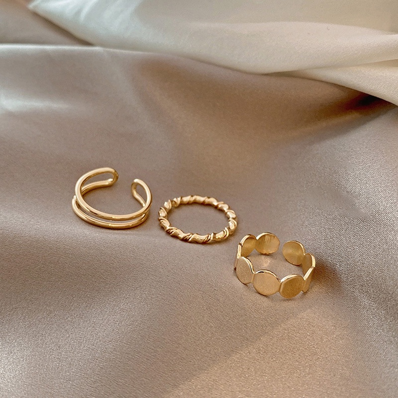 Papaozhu 3PCs Sederhana Memutar Garis Berongga Emas Terbuka Cincin Untuk Wanita Perempuan Vintage Disc Stackable Knuckle Ring Set Gaya Jari Aksesoris