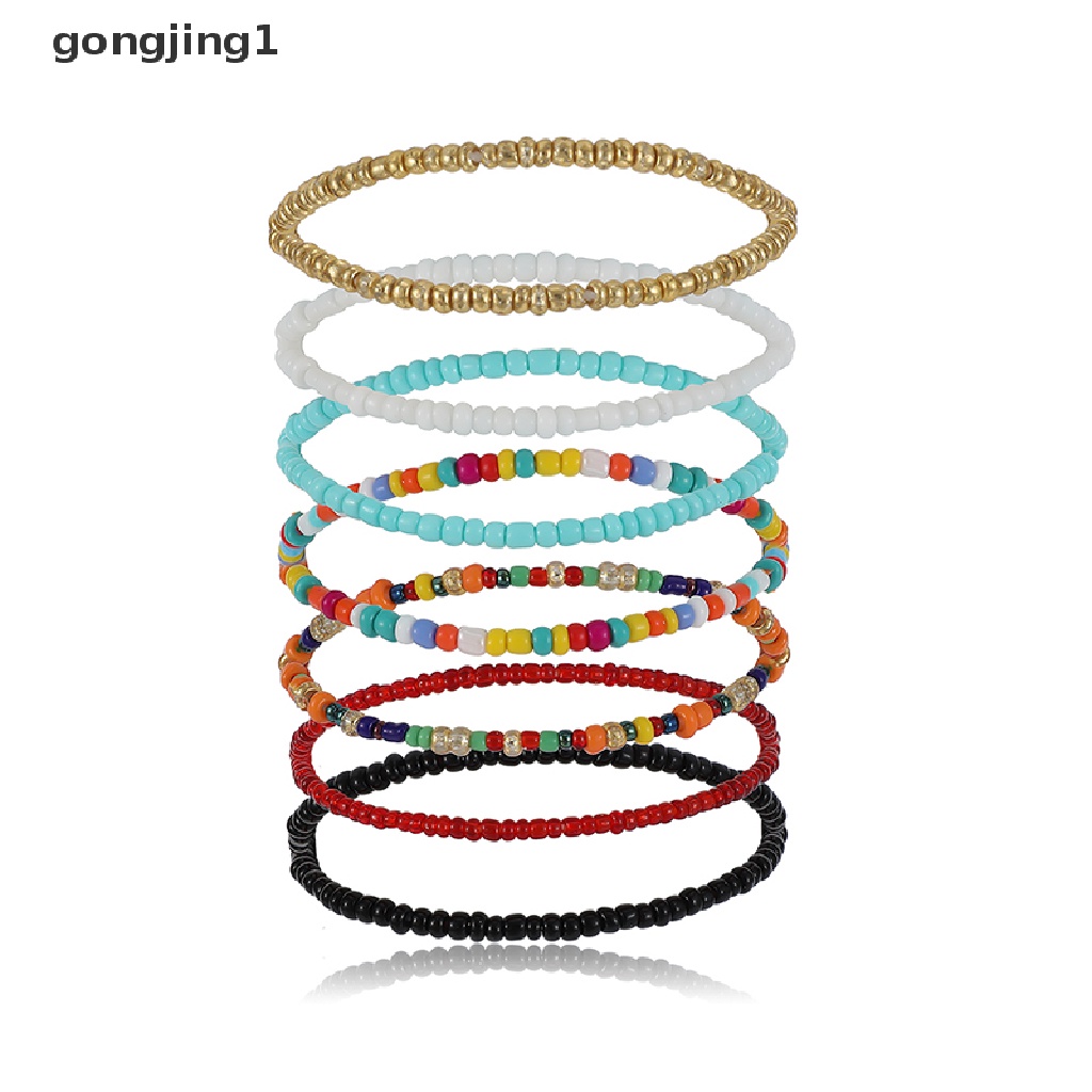 Ggg 7Pcs Manik-Manik Kecil Warna-Warni Bohemia Bangle Gelang Elastis Set Perhiasan Aksesori ID