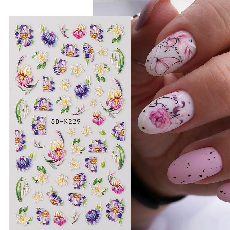 5d Timbul Bunga Nail Art Stiker Bunga Tulip Terukir Pernikahan Slider Garis Geometri Daun Kupu Kuku Decals