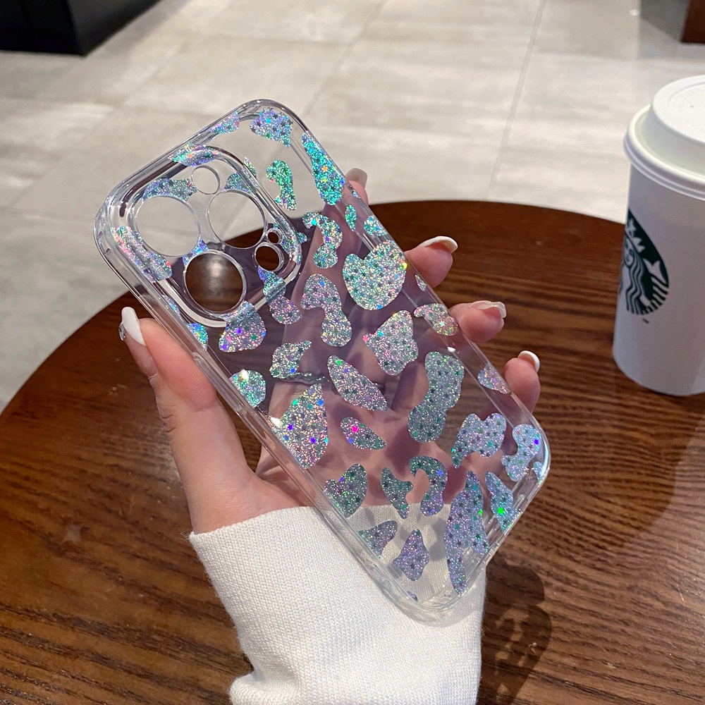 IPHONE Casing Bening Leopard Cinta Hati Laser Warna-Warni Untuk Iphone14 13 12 11 Pro Max Berlapis Mewah Dua Sisi Tahan Shocproof Soft Phone Cover