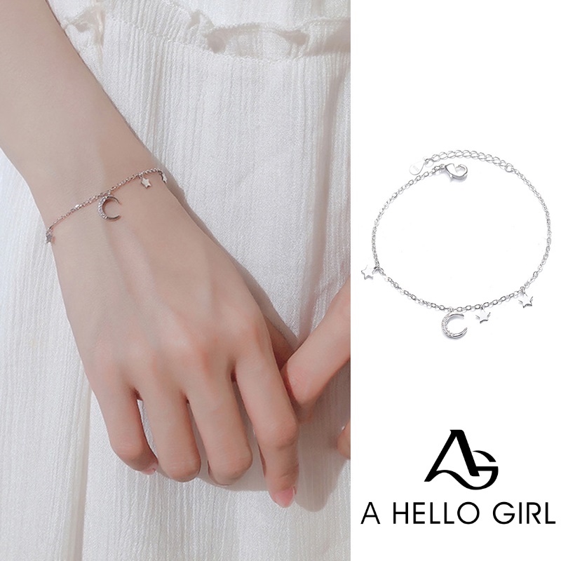 Gelang Tangan Rantai Aksen Bulan / Bintang Warna Silver untuk Wanita