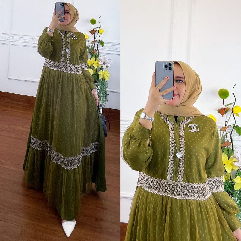 GAMIS STORE - Khalisa Dress Maxy Gamis Tille Dotty Lapis puring Aksen Renda Brukat Ld 110 Fit To XL Fashion Muslim Gaun Maxi Wanita Pesta Kondangan