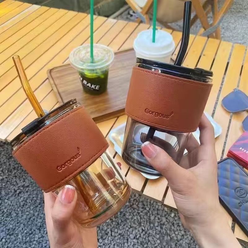 Ins Style Gelas Kaca Dengan Sedotan Portabel Bentuk Bambu Gelas Air Kopi Susu 450ml