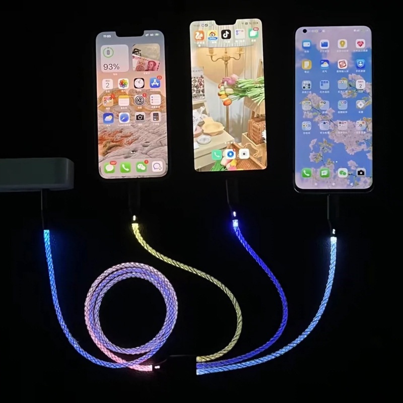 Kabel Data RGB 3in1 Mobil Luminous Breathing Gradient Pengisian Super Cepat Untuk Handphone iPhone Android Type-C