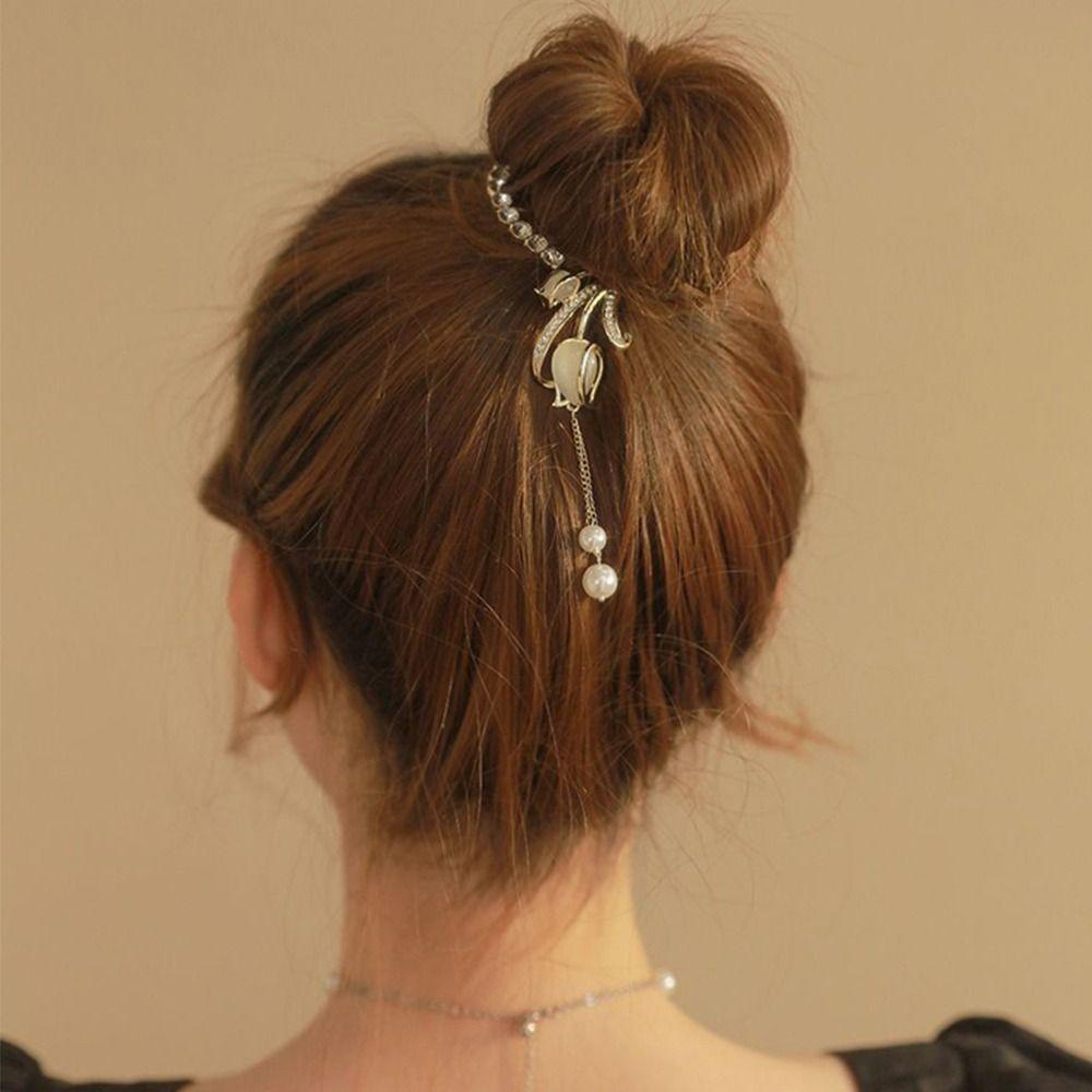 Mxbeauty Wanita Ponytail Gesper Trendi Manis Halus Imitasi Mutiara Tulip Ponytail Holder Berlian Imitasi Aksesori Rambut Gaya Korea Hair Clip