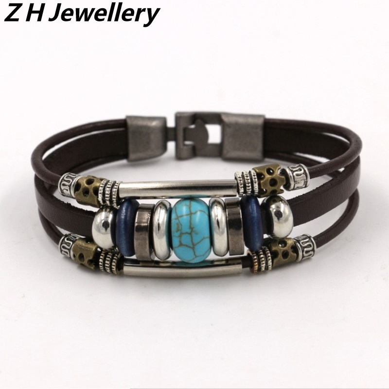 [Z H Jewelry] Vintage Turquoise Gemstone Gelang Kulit Fashion Pria Dan Wanita Anti Karat Multilayer Manik-Manik PU Gelang Bohemian Punk Rock Pesta Perhiasan Aksesoris