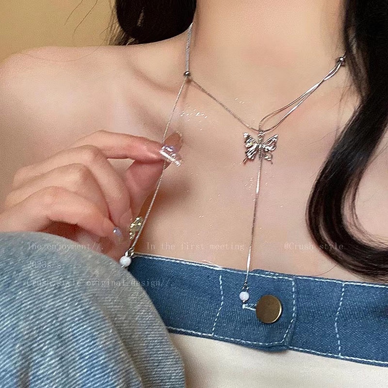 Kalung Geometris Kupu-Kupu Alloy Berlian Imitasi Korea Untuk Anak Perempuan