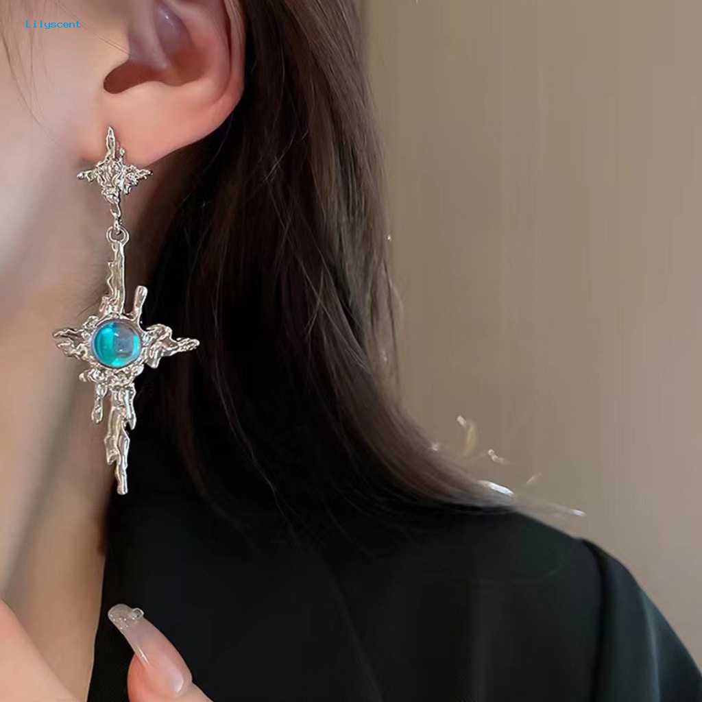 Lilyscent 1pasang Hadiah Menjuntai Anting-Anting Aksesori Fashion Wanita Gadis Salib Faux Moonstone Menjuntai Earrings Perhiasan Logam Cair