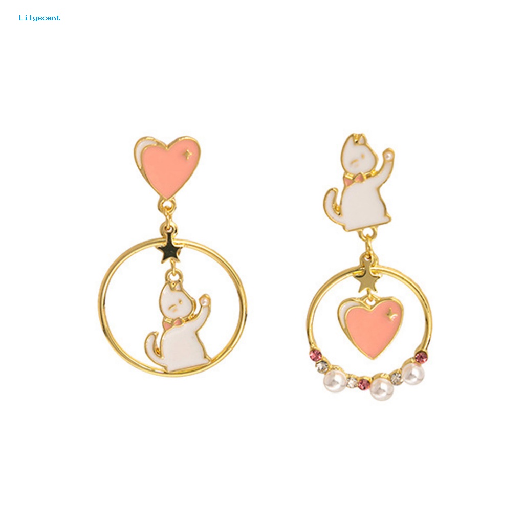 Lilyscent 1pasang Electroplating Wanita Anting Perhiasan Aksesoris Kartun Kucing Cinta Hati Gadis Drop Earrings Ring