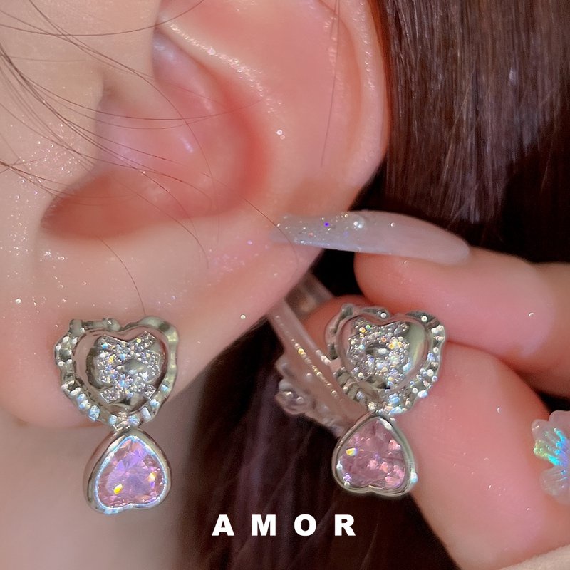 Y2k Berlian Hias peach Hati pink Berlian Manis Anting Dan Anting