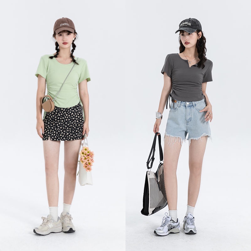 Red "V-neck/round neck" warna solid lengan pendek t-shirt musim panas wanita slim fit dan desain slim serut hot girl atasan trendi