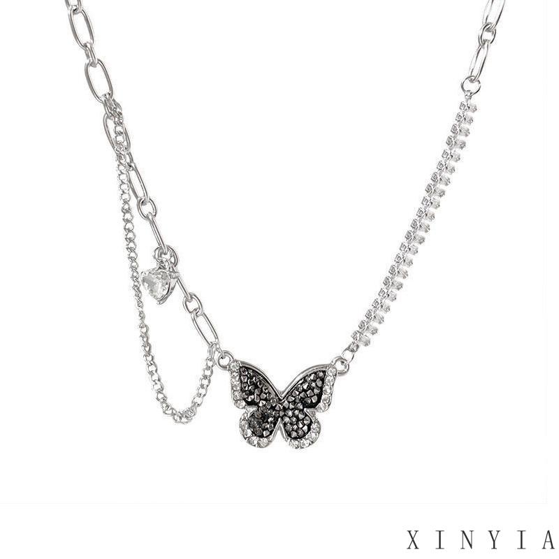 【Bayar di tempat】Kalung Rantai Choker Desain Kupu-Kupu Hati Rumbai 17KM Bahan Zirkon Warna Hitam Untuk Wanita