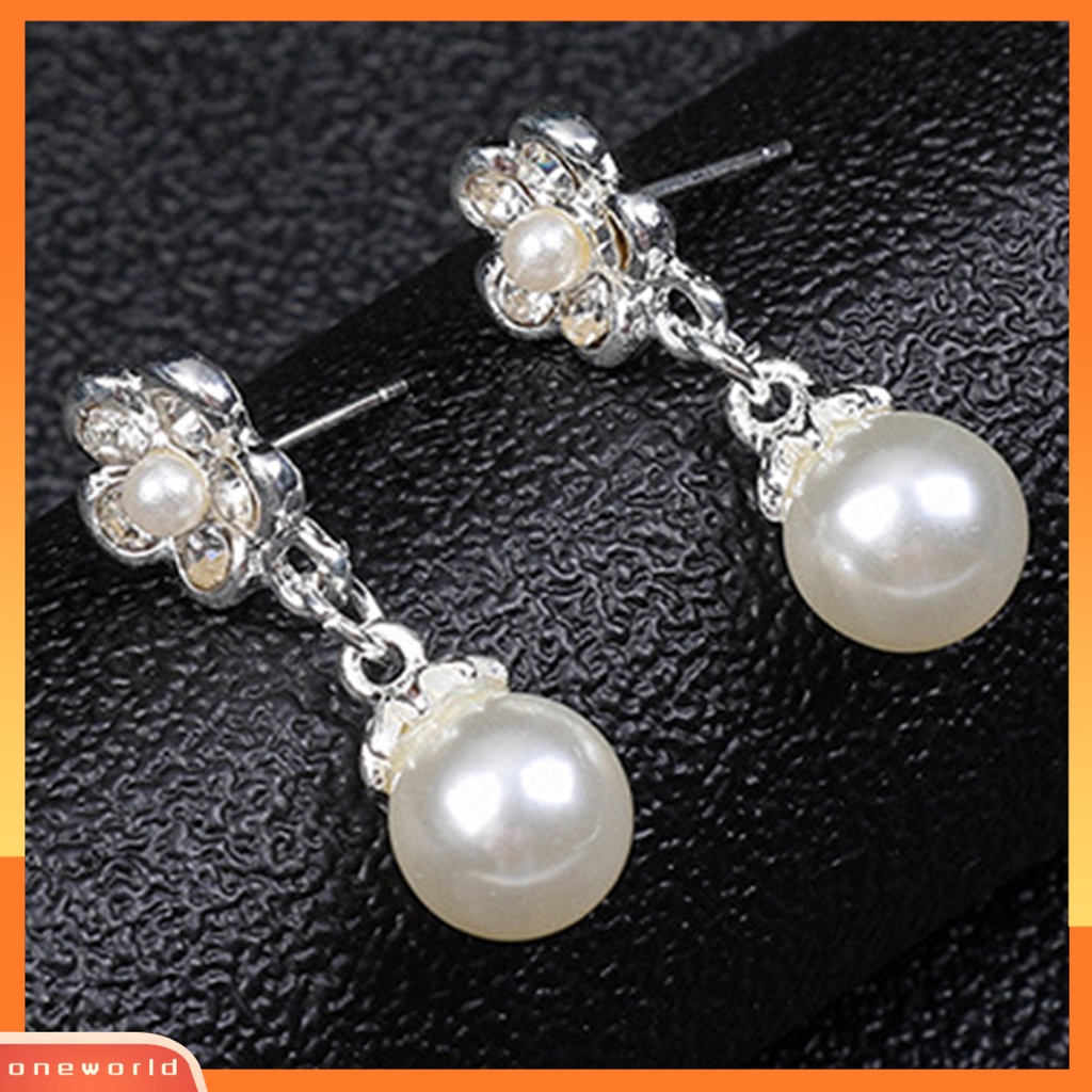 [ONE] 1set Wanita Kalung Manik-Manik Glossy Mutiara Imitasi Berlian Imitasi Tertanam Bunga Pengantin Kalung Stud Earrings Kit Perhiasan Pernikahan