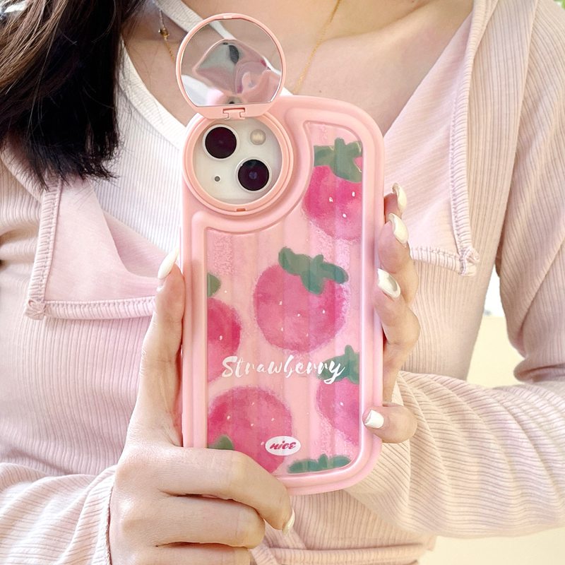 Rotatable Mirror Pink Big Strawberry Girl Woman Soft Silicon Case HP iP iPhone 12 13 14 Pro Max 11 FTD Casing Apple