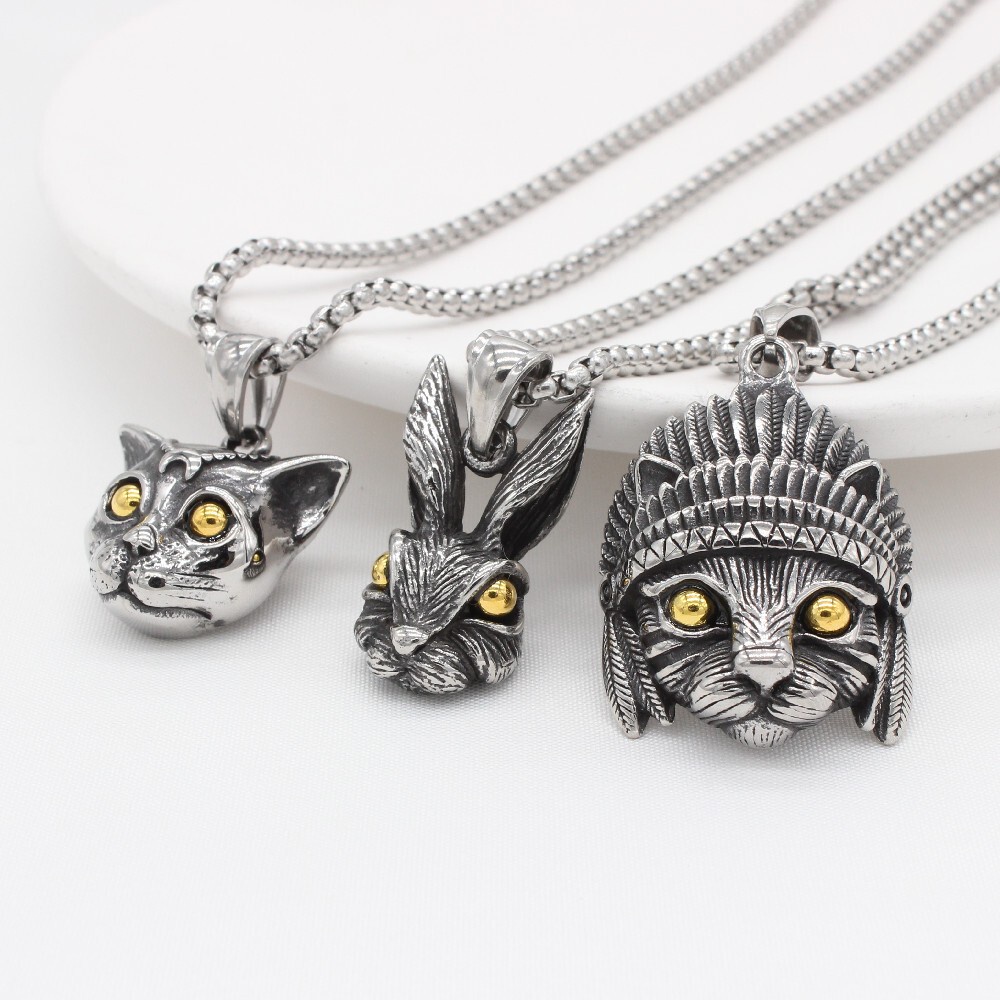 [X C Kalung] Hip Hop Punk Gothic Vintage Perak Titanium Steel Liontin Wanita Bulan Kucing Kelinci Kepala Kalung Rock Pesta Fashion Perhiasan