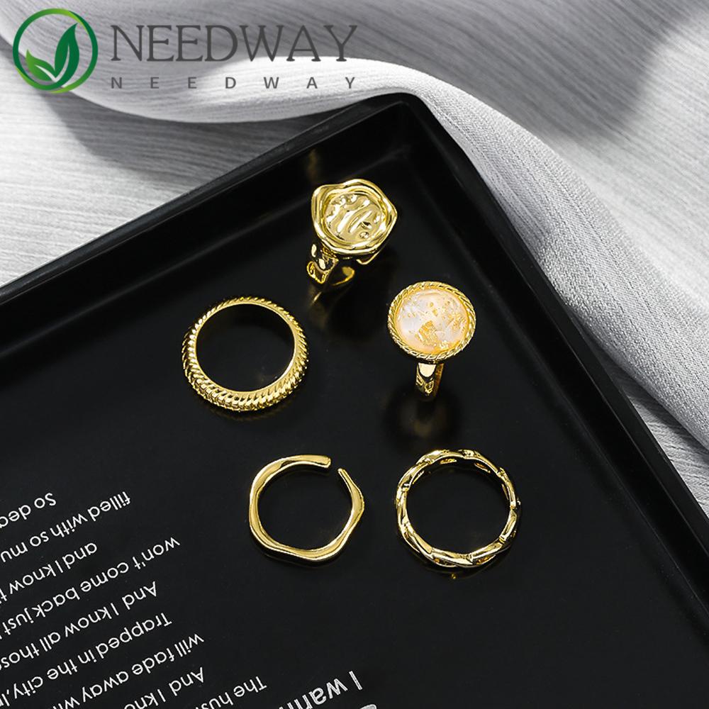 Needway   Set Cincin Jari 5PCS/Set Geometris Wanita Trendy Keren Retro Logam