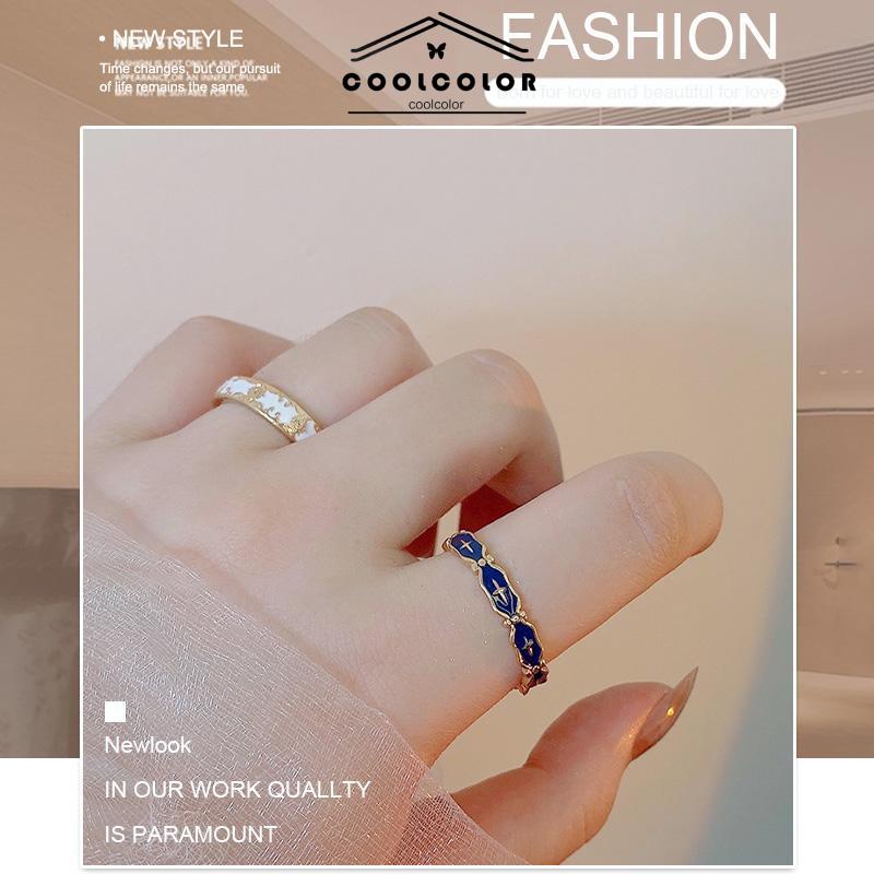 COD❤️Cincin Wanita Gold Gaya Korea disesuaikan Glasir Biru Salib Pola Enamel Untuk Unisex- cl
