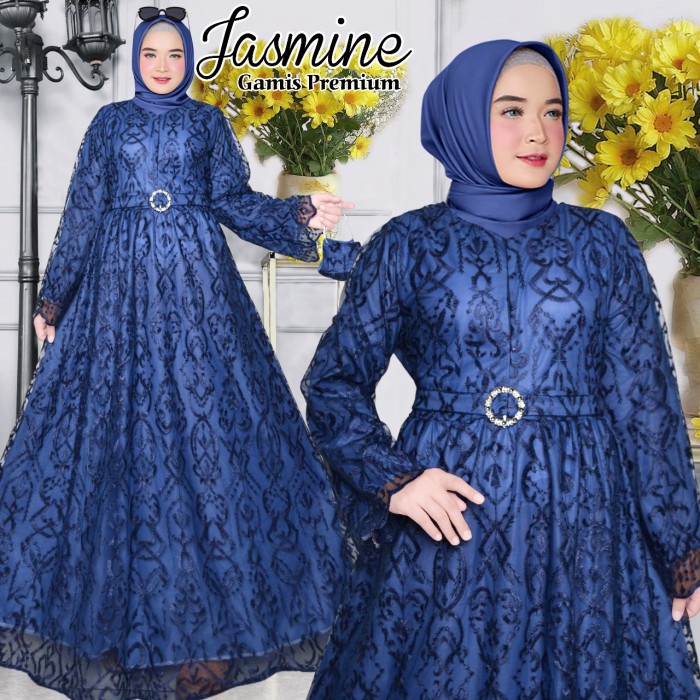 gamis pesta jumbo ld 120 ori brokat mewah gamis kondangan jasmine - Biru Navy