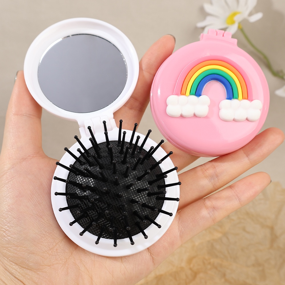 [Unggulan] 1pc Gadis Sisir Bantal Udara Portabel Sisir Pijat Lipat Lembut Kartun 2-in-1 Sisir Kantong Udara Bulat Dengan Cermin Perlengkapan Perjalanan Alat Styling Rambut Untuk Wanita