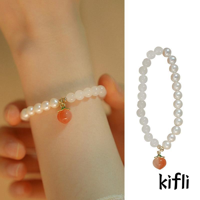 [KD] Kepribadian Sederhana Desain Lembut Gelang Dua Lapis Mutiara Splicing Peach Agate Bracelet