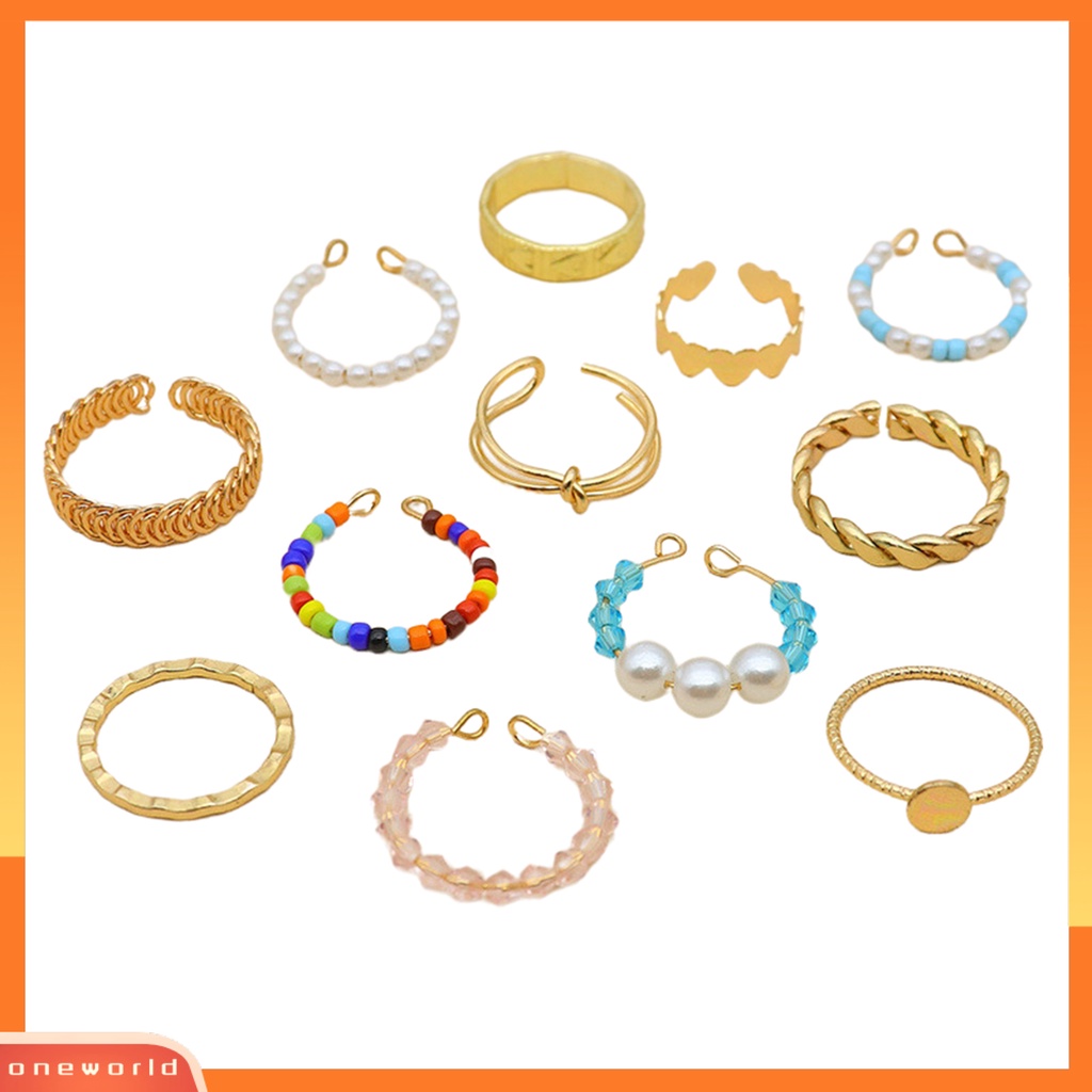 [EONE] 12pcs/set Mutiara Imitasi Multicolor Beads Knuckle Rings Bukaan Hati Simpul Wanita Knuckle Rings Perhiasan Aksesoris